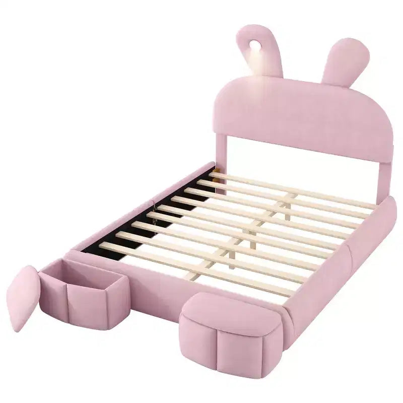 Luxystar Full Size Velvet Upholstered Platform Bed with Headboard and Light, Pink