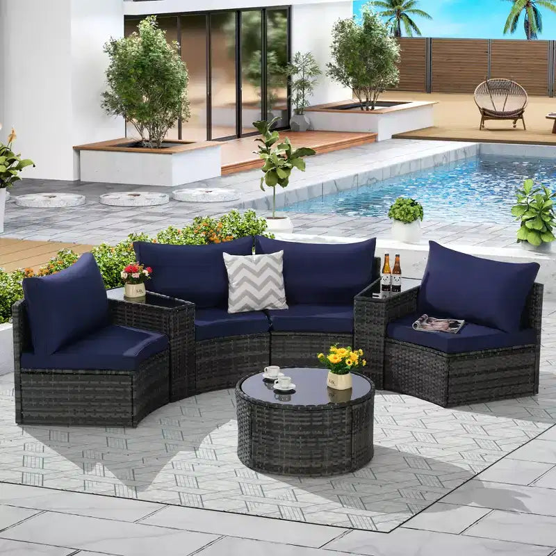 GDFStudio Halcyon 7 Piece Half-Moon Outdoor Wicker and Metal Chat Set with Tempered Glass Table