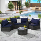 GDFStudio Halcyon 7 Piece Half-Moon Outdoor Wicker and Metal Chat Set with Tempered Glass Table