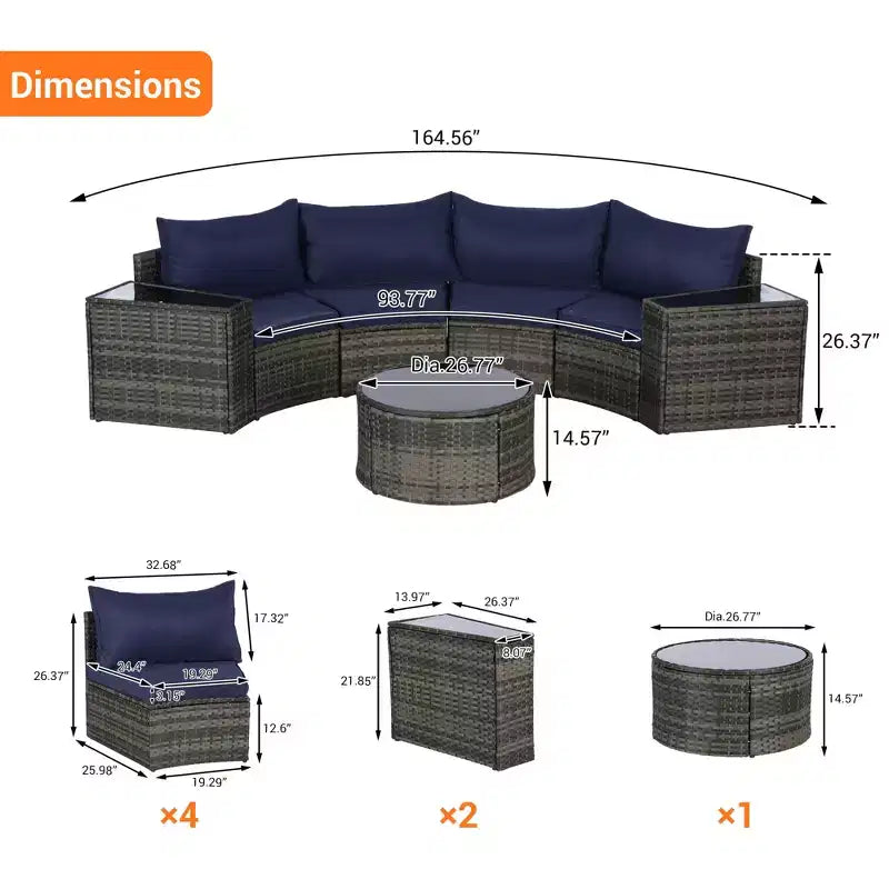 GDFStudio Halcyon 7 Piece Half-Moon Outdoor Wicker and Metal Chat Set with Tempered Glass Table