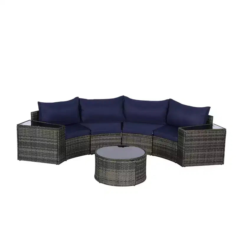 GDFStudio Halcyon 7 Piece Half-Moon Outdoor Wicker and Metal Chat Set with Tempered Glass Table