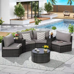 GDFStudio Halcyon 7 Piece Half-Moon Outdoor Wicker and Metal Chat Set with Tempered Glass Table