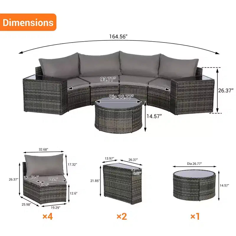 GDFStudio Halcyon 7 Piece Half-Moon Outdoor Wicker and Metal Chat Set with Tempered Glass Table