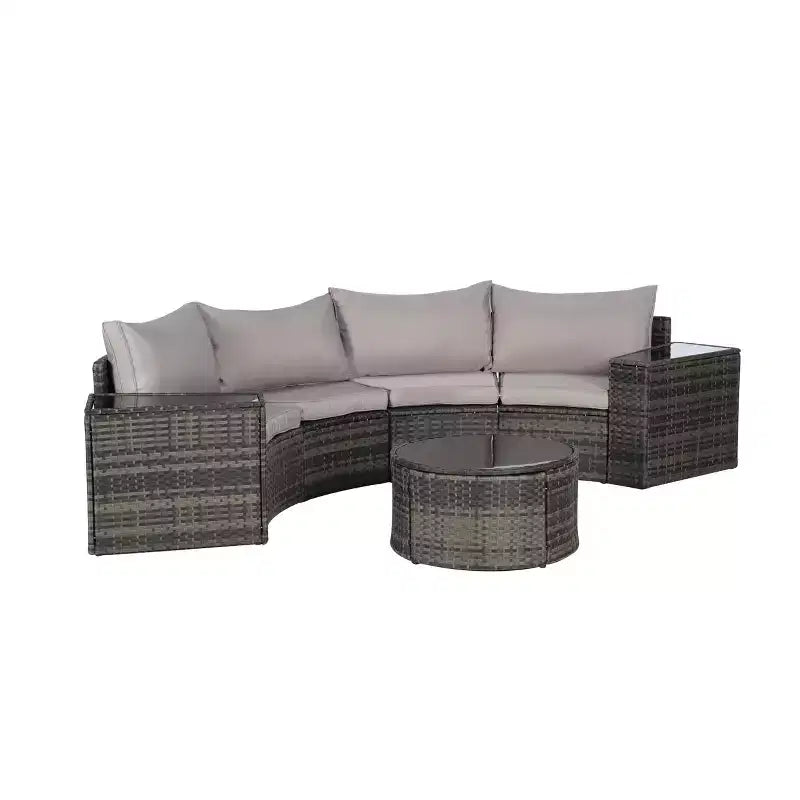 GDFStudio Halcyon 7 Piece Half-Moon Outdoor Wicker and Metal Chat Set with Tempered Glass Table