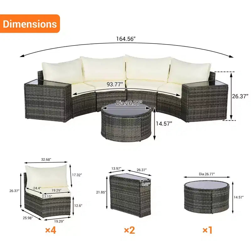 GDFStudio Halcyon 7 Piece Half-Moon Outdoor Wicker and Metal Chat Set with Tempered Glass Table