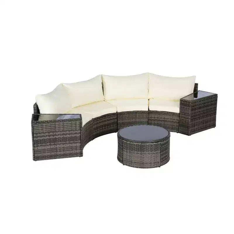 GDFStudio Halcyon 7 Piece Half-Moon Outdoor Wicker and Metal Chat Set with Tempered Glass Table