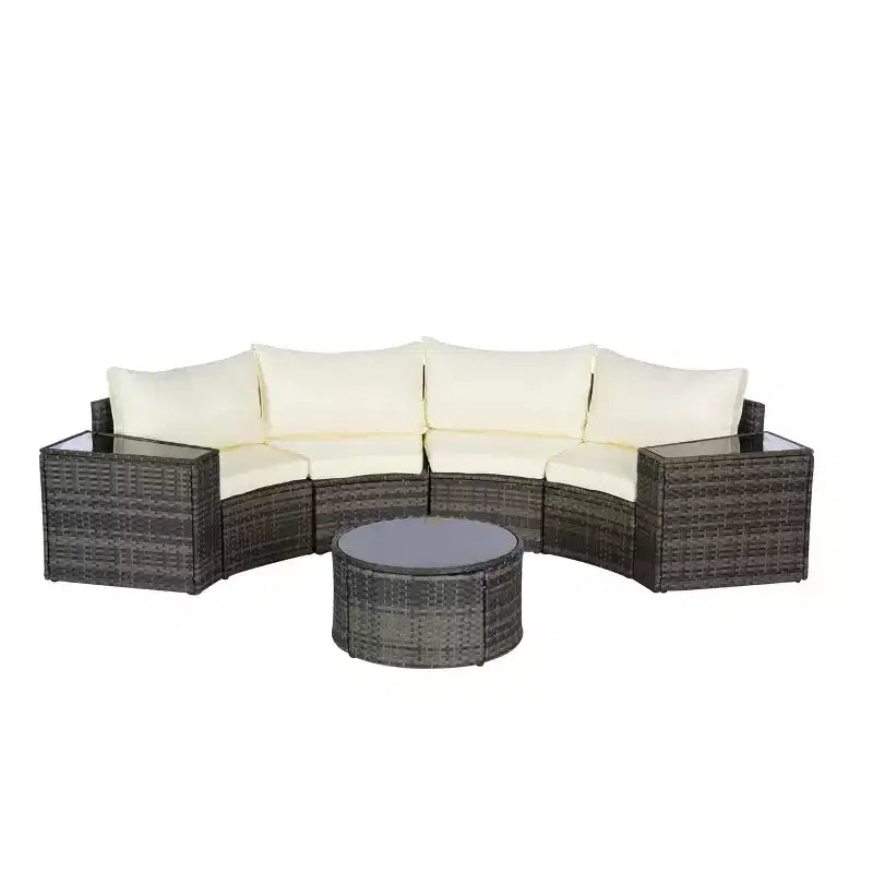 GDFStudio Halcyon 7 Piece Half-Moon Outdoor Wicker and Metal Chat Set with Tempered Glass Table