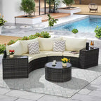 GDFStudio Halcyon 7 Piece Half-Moon Outdoor Wicker and Metal Chat Set with Tempered Glass Table