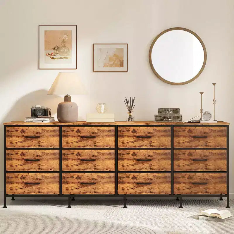 70 Inch TV Stands for Living Room, 12 Fabric Drawers, Charging Station, Long Entertainment Center Up to 80 Inch TV, w/ Storage for Bedroom, Entryway