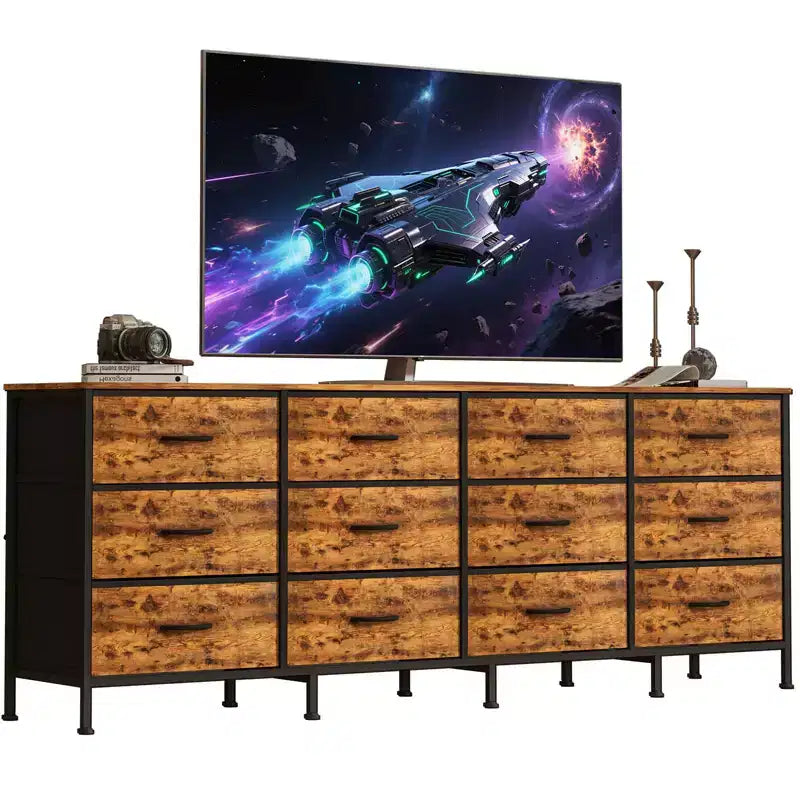 70 Inch TV Stands for Living Room, 12 Fabric Drawers, Charging Station, Long Entertainment Center Up to 80 Inch TV, w/ Storage for Bedroom, Entryway