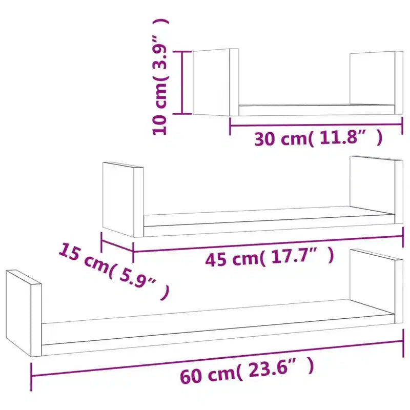 vidaXL Shelf Set of 3 Black Engineered wood Large Wall-mounted