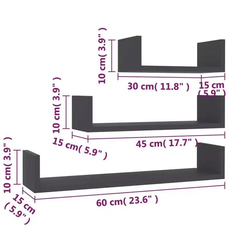 vidaXL Shelf Set of 3 Black Engineered wood Large Wall-mounted