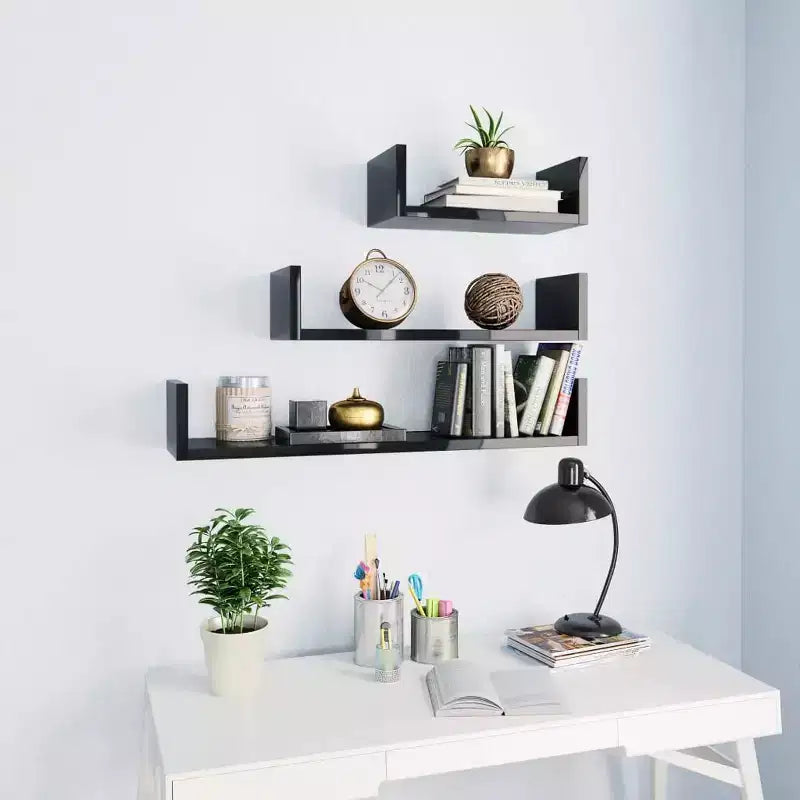 vidaXL Shelf Set of 3 Black Engineered wood Large Wall-mounted