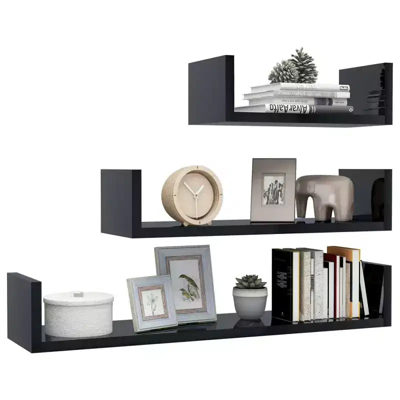 vidaXL Shelf Set of 3 Black Engineered wood Large Wall-mounted