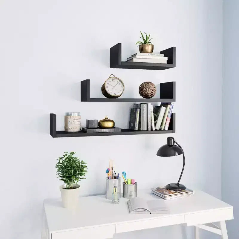 vidaXL Shelf Set of 3 Black Engineered wood Large Wall-mounted