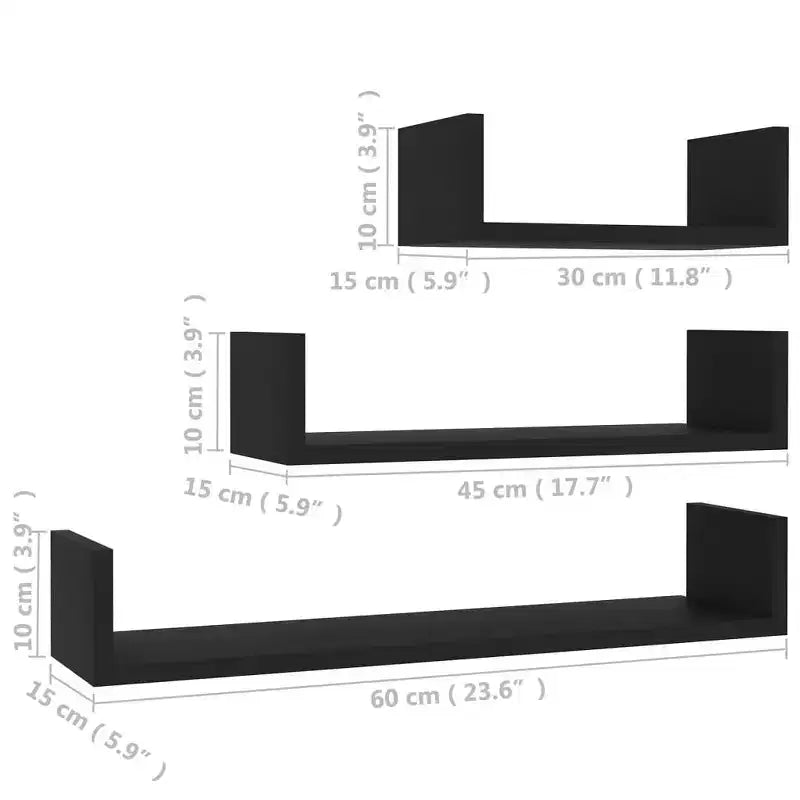 vidaXL Shelf Set of 3 Black Engineered wood Large Wall-mounted