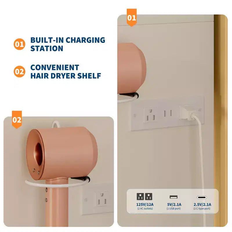 54.3" Coiffeuse Moderne à LED avec Tabouret Rembourré, 4 Tiroirs et Miroir Coulissant, Étagères de Rangement Ouvertes pour Chambre et Salle de Bain