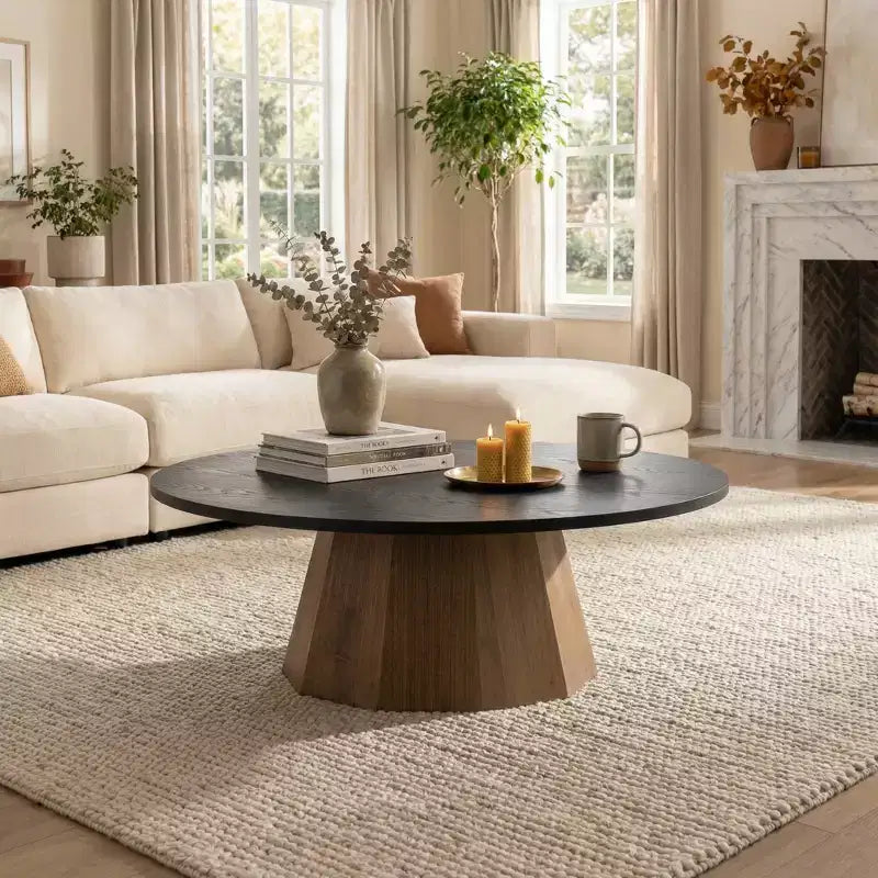 JVNOXK Round Coffee Table Sturdy Pedestal Wooden Tea Table for Living Room Easy to Assemble,Black,Wood