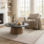JVNOXK Round Coffee Table Sturdy Pedestal Wooden Tea Table for Living Room Easy to Assemble,Black,Wood