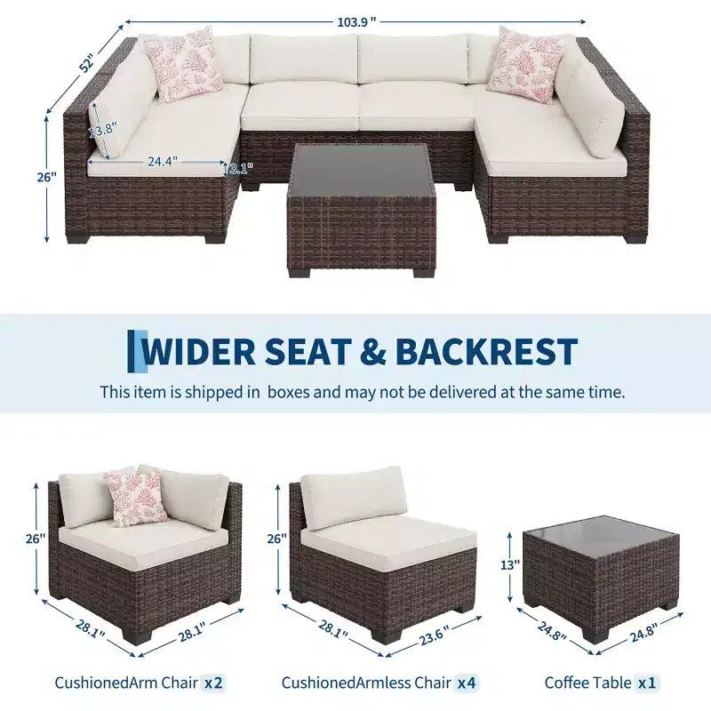 7-Piece Outdoor Patio Sofa Chair Set,Durable Iron Frame Brown Gradient Wicker Sectional with Soft Cushions,Conversation Set for Patio,Garden,Backyard