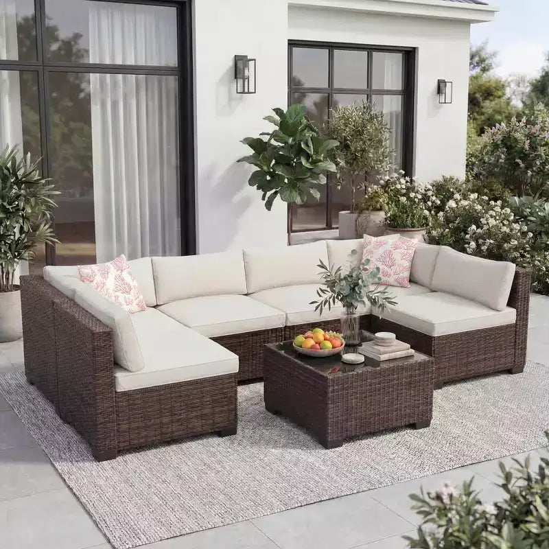 7-Piece Outdoor Patio Sofa Chair Set,Durable Iron Frame Brown Gradient Wicker Sectional with Soft Cushions,Conversation Set for Patio,Garden,Backyard