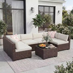 7-Piece Outdoor Patio Sofa Chair Set,Durable Iron Frame Brown Gradient Wicker Sectional with Soft Cushions,Conversation Set for Patio,Garden,Backyard