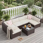 7-Piece Outdoor Patio Sofa Chair Set,Durable Iron Frame Brown Gradient Wicker Sectional with Soft Cushions,Conversation Set for Patio,Garden,Backyard