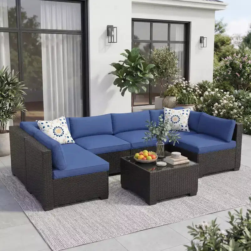 7-Piece Outdoor Patio Sofa Chair Set,Durable Iron Frame Brown Gradient Wicker Sectional with Soft Cushions,Conversation Set for Patio,Garden,Backyard