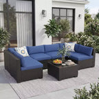 7-Piece Outdoor Patio Sofa Chair Set,Durable Iron Frame Brown Gradient Wicker Sectional with Soft Cushions,Conversation Set for Patio,Garden,Backyard