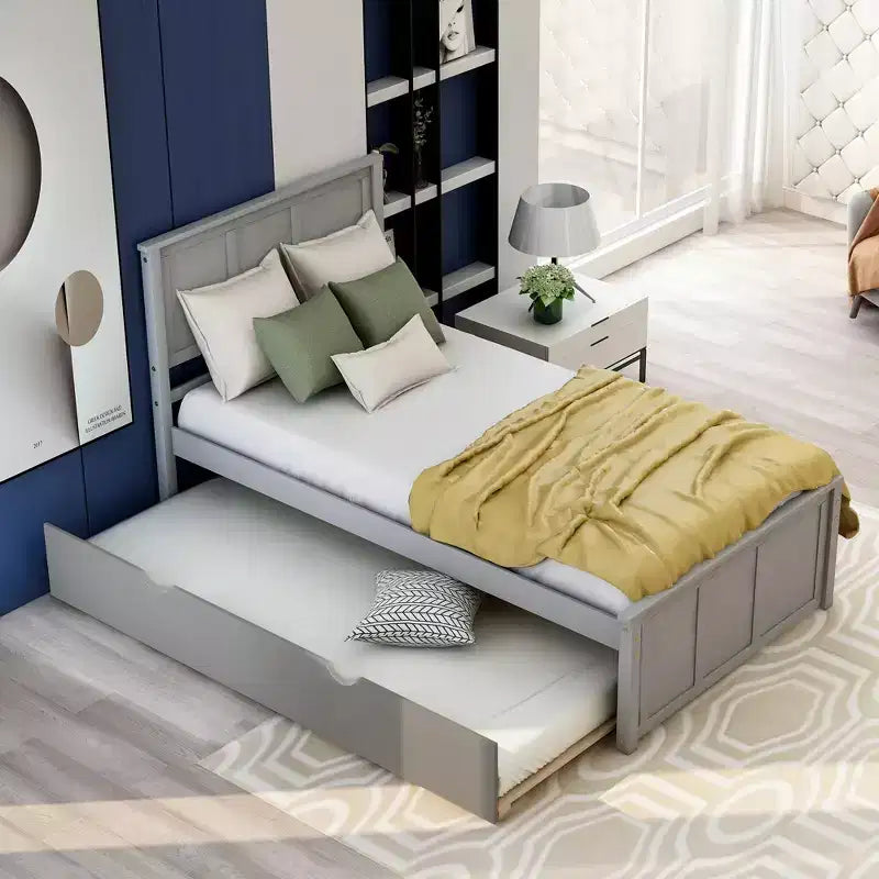 FAMYYT Twin Size Platform Bed With Space-saving Trundle, Easy Assembly, Gray