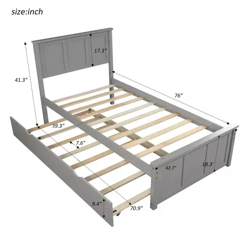 FAMYYT Twin Size Platform Bed With Space-saving Trundle, Easy Assembly, Gray