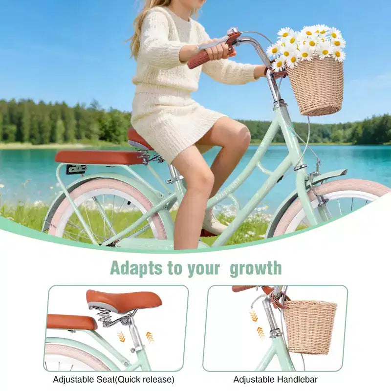 NAYSAYE Girls Beach Cruiser Bike with Front Basket & Sturdy Steel Frame for Comfortable Outdoor City Commute, Green, 58.39*24.53*36.93