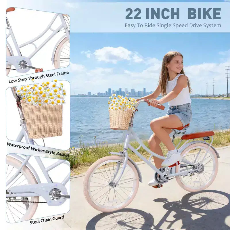 Vélo de croisière de plage NAYSAYE pour filles avec panier avant et cadre en acier robuste pour un trajet confortable en ville, bleu, 58,39 x 24,53 x 36,93
