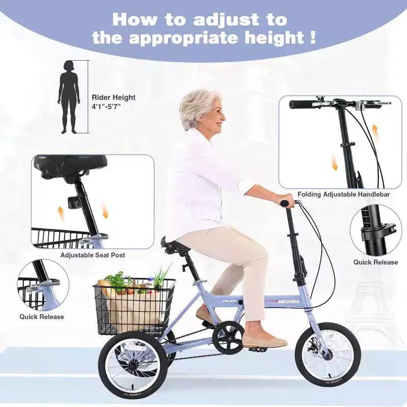 NAYSAYE Adult Folding Tricycle with Basket, Collapsible Steel Frame, Large Load Capacity for Outdoor Shopping & Travel, Blue, 53.54*23.23*39.49
