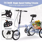 NAYSAYE Adult Folding Tricycle with Basket, Collapsible Steel Frame, Large Load Capacity for Outdoor Shopping & Travel, Blue, 53.54*23.23*39.49