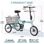 Tricycle pliant à 3 roues pour adultes NAYSAYE avec panier, cadre en acier pliable et grande capacité de charge, bleu clair, 53.54*23.23*39.49
