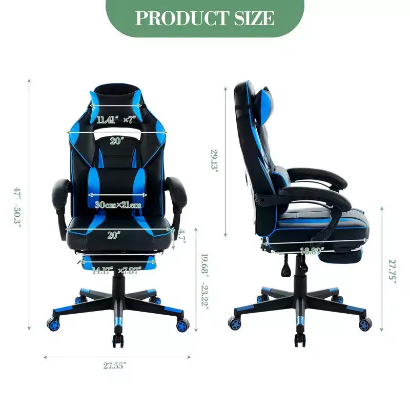 Reclining Ergonomic Gaming Chair w/ Retractable Footrest, High Back PU Leather Racing Computer Desk Chair w/ Lumbar & Headrest Support for Office