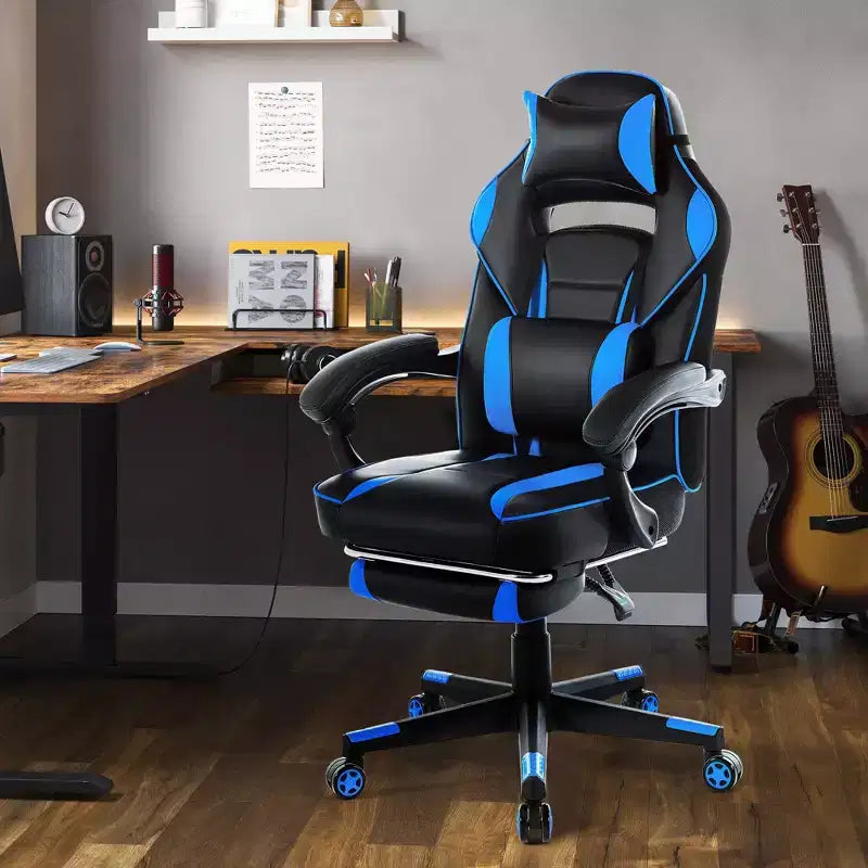 Reclining Ergonomic Gaming Chair w/ Retractable Footrest, High Back PU Leather Racing Computer Desk Chair w/ Lumbar & Headrest Support for Office