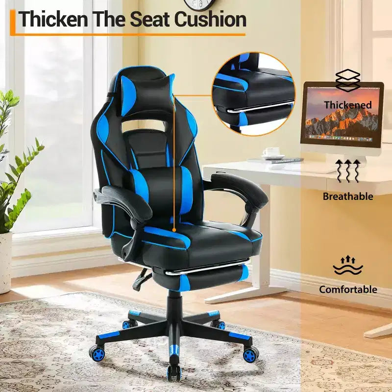 Reclining Ergonomic Gaming Chair w/ Retractable Footrest, High Back PU Leather Racing Computer Desk Chair w/ Lumbar & Headrest Support for Office