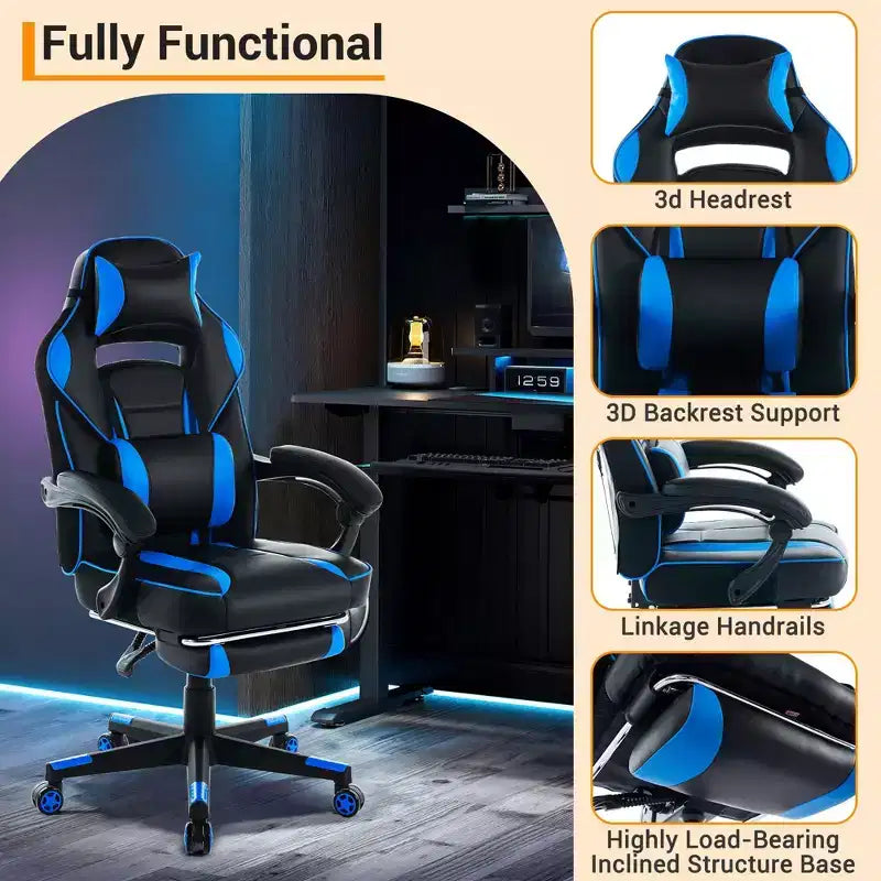 Reclining Ergonomic Gaming Chair w/ Retractable Footrest, High Back PU Leather Racing Computer Desk Chair w/ Lumbar & Headrest Support for Office