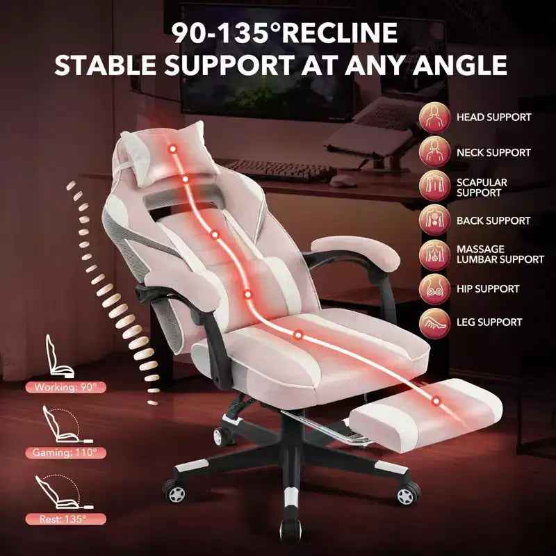 Reclining Ergonomic Gaming Chair w/ Retractable Footrest, High Back PU Leather Racing Computer Desk Chair w/ Lumbar & Headrest Support for Office