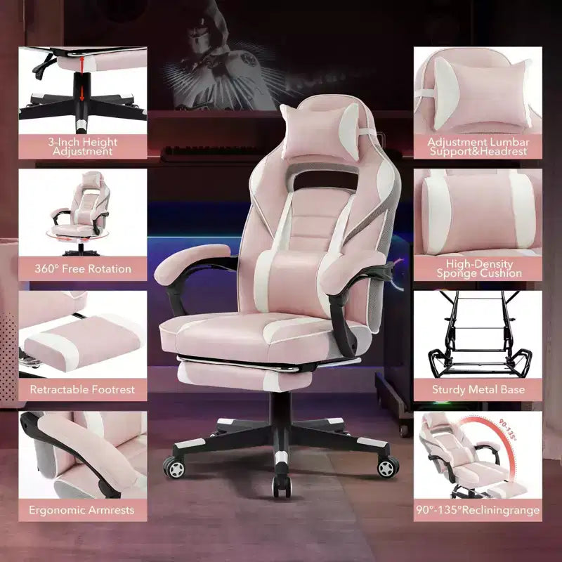 Reclining Ergonomic Gaming Chair w/ Retractable Footrest, High Back PU Leather Racing Computer Desk Chair w/ Lumbar & Headrest Support for Office