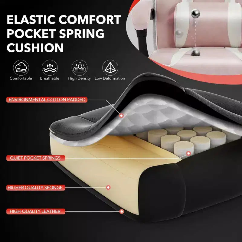 Reclining Ergonomic Gaming Chair w/ Retractable Footrest, High Back PU Leather Racing Computer Desk Chair w/ Lumbar & Headrest Support for Office