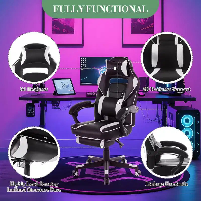 Reclining Ergonomic Gaming Chair w/ Retractable Footrest, High Back PU Leather Racing Computer Desk Chair w/ Lumbar & Headrest Support for Office