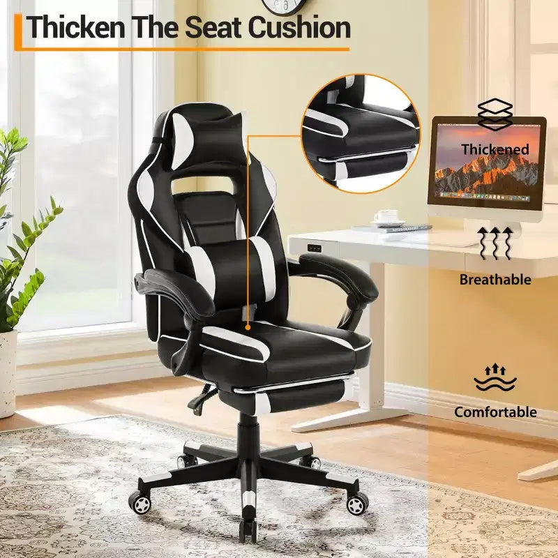 Reclining Ergonomic Gaming Chair w/ Retractable Footrest, High Back PU Leather Racing Computer Desk Chair w/ Lumbar & Headrest Support for Office