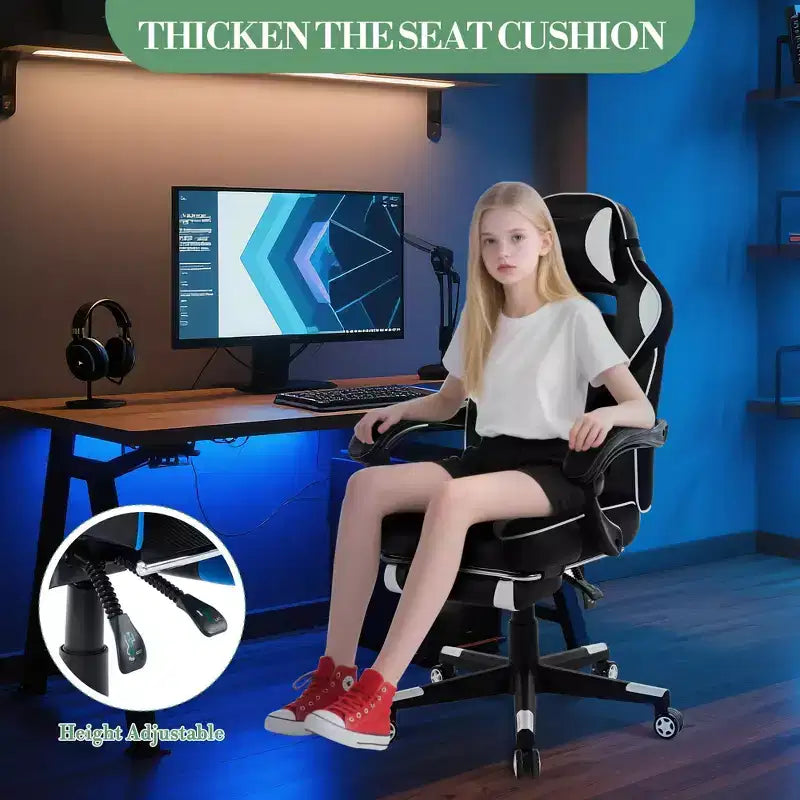 Reclining Ergonomic Gaming Chair w/ Retractable Footrest, High Back PU Leather Racing Computer Desk Chair w/ Lumbar & Headrest Support for Office