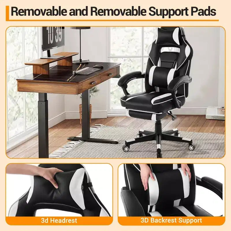 Reclining Ergonomic Gaming Chair w/ Retractable Footrest, High Back PU Leather Racing Computer Desk Chair w/ Lumbar & Headrest Support for Office