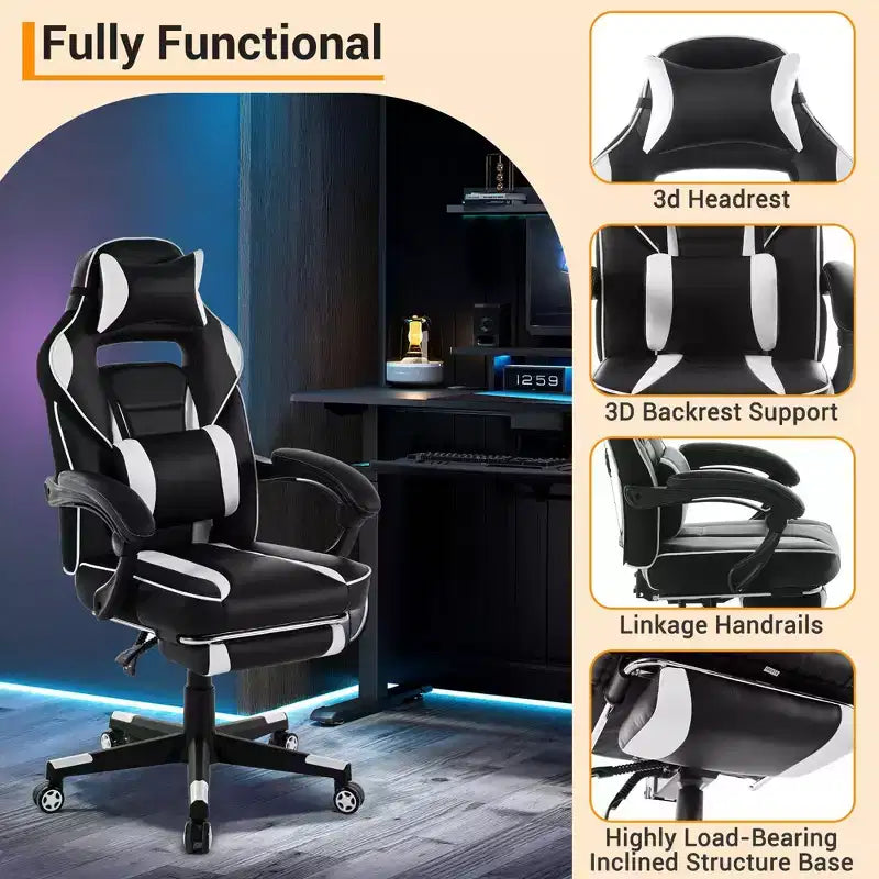 Reclining Ergonomic Gaming Chair w/ Retractable Footrest, High Back PU Leather Racing Computer Desk Chair w/ Lumbar & Headrest Support for Office