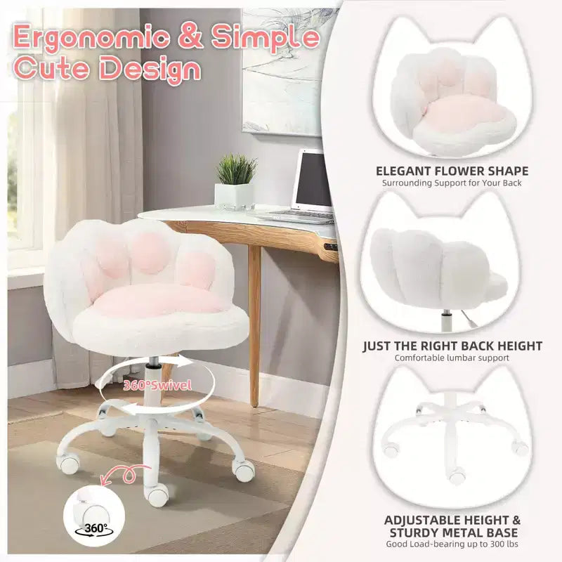 Teddy Fleece Vanity Chair Cat Paw Backrest 360 Swivel Height Adjustable 300LBS Support Tool-Free Assembly for Home Office Bedroom
