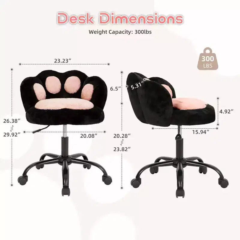 Teddy Fleece Vanity Chair Cat Paw Backrest 360 Swivel Height Adjustable 300LBS Support Tool-Free Assembly for Home Office Bedroom